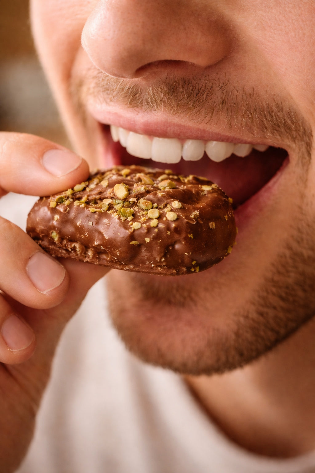chico mordiendo pretzel cubierto de chocolate