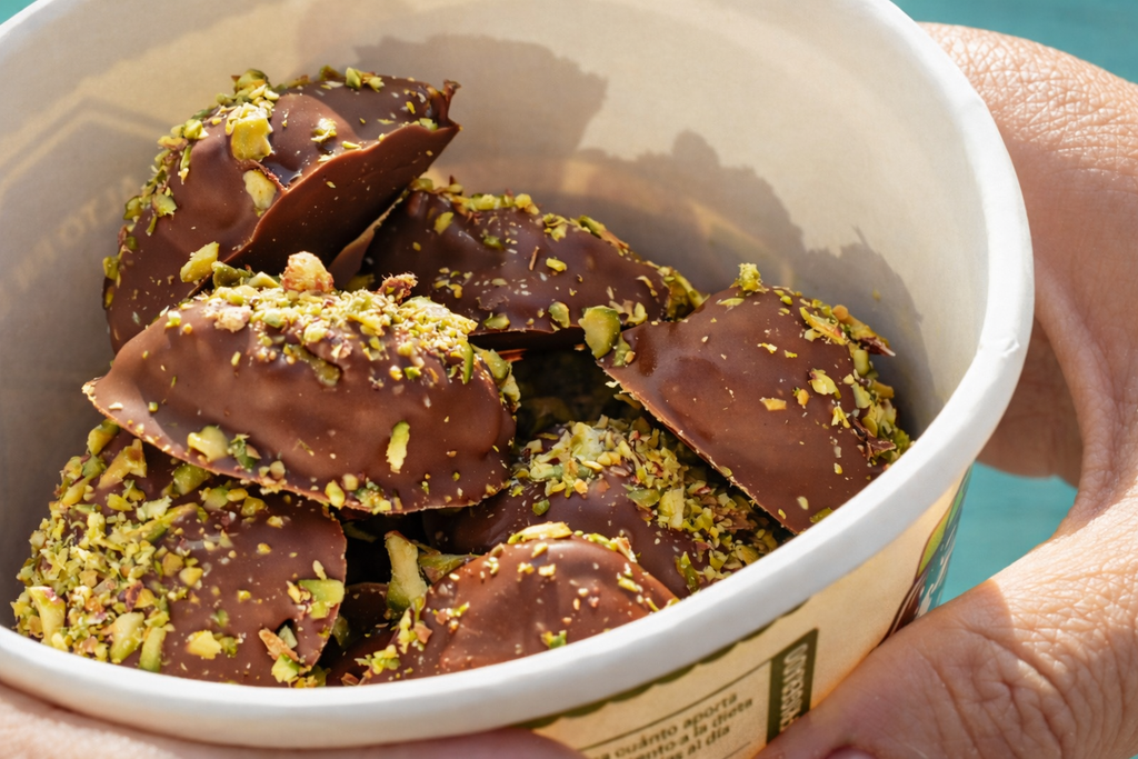 Mini Bonz de pistacho en un container, pretzels rellenos cubiertos de chocolate con trozos de pistacho.