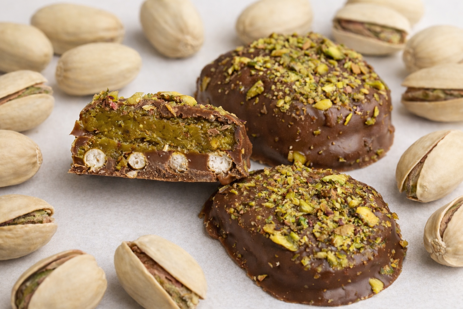 Mini Bonz de pistacho abiertos mostrando su relleno cremoso de pistacho y cobertura de chocolate.