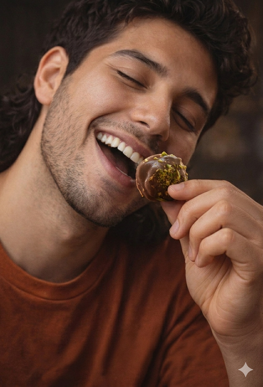 chico sonriente comiendo pretzels cubiertos von pistacho