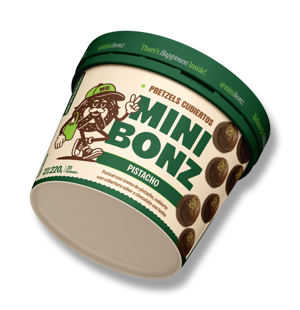 Envase de Mini Bonz Pistacho con pretzels rellenos de crema de pistacho cubiertos de chocolate.