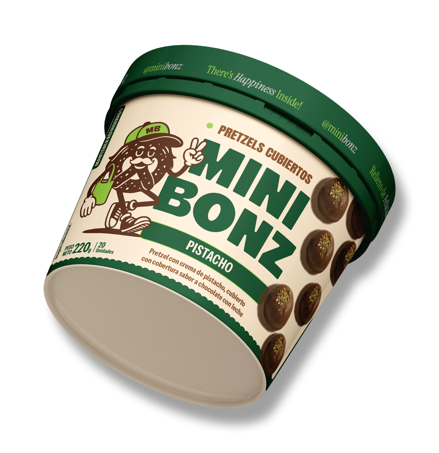 Envase de Mini Bonz Pistacho con pretzels rellenos de crema de pistacho cubiertos de chocolate.